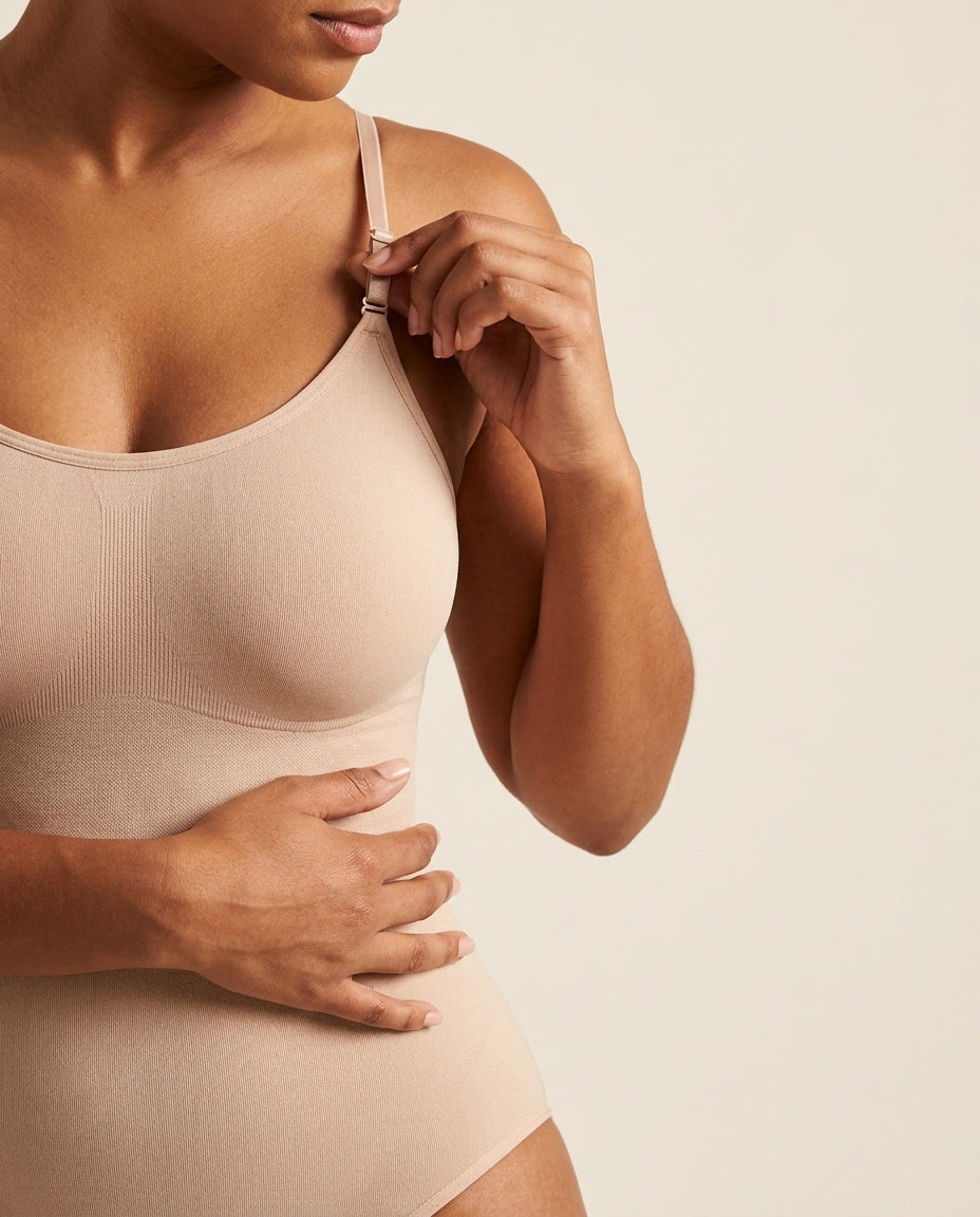 VELORA™ Sculpt Bodysuit in Soft Beige, adjustable strap detail