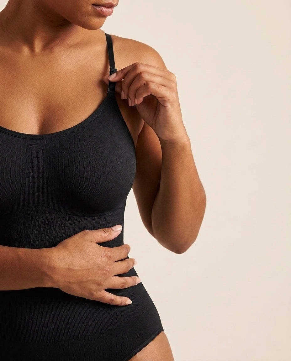 VELORA™ Sculpt Bodysuit in Black, adjustable strap detail
