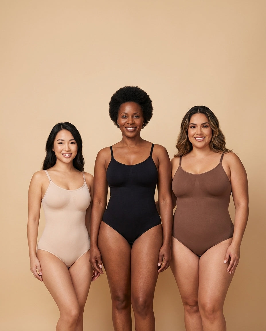 VELORA™ Sculpt Bodysuit in all three shades, worn by three models