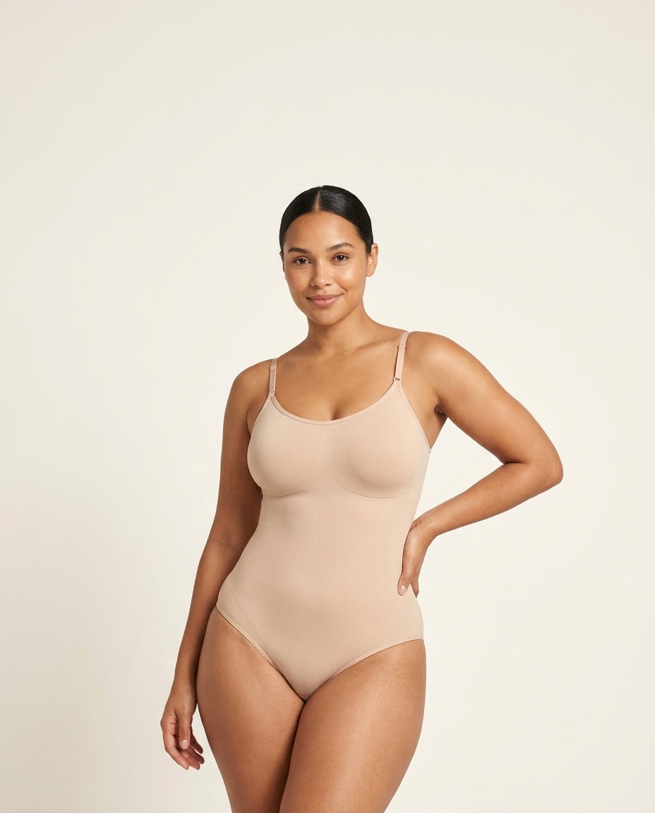 VELORA™ Sculpt Bodysuit in Soft Beige, worn by a model