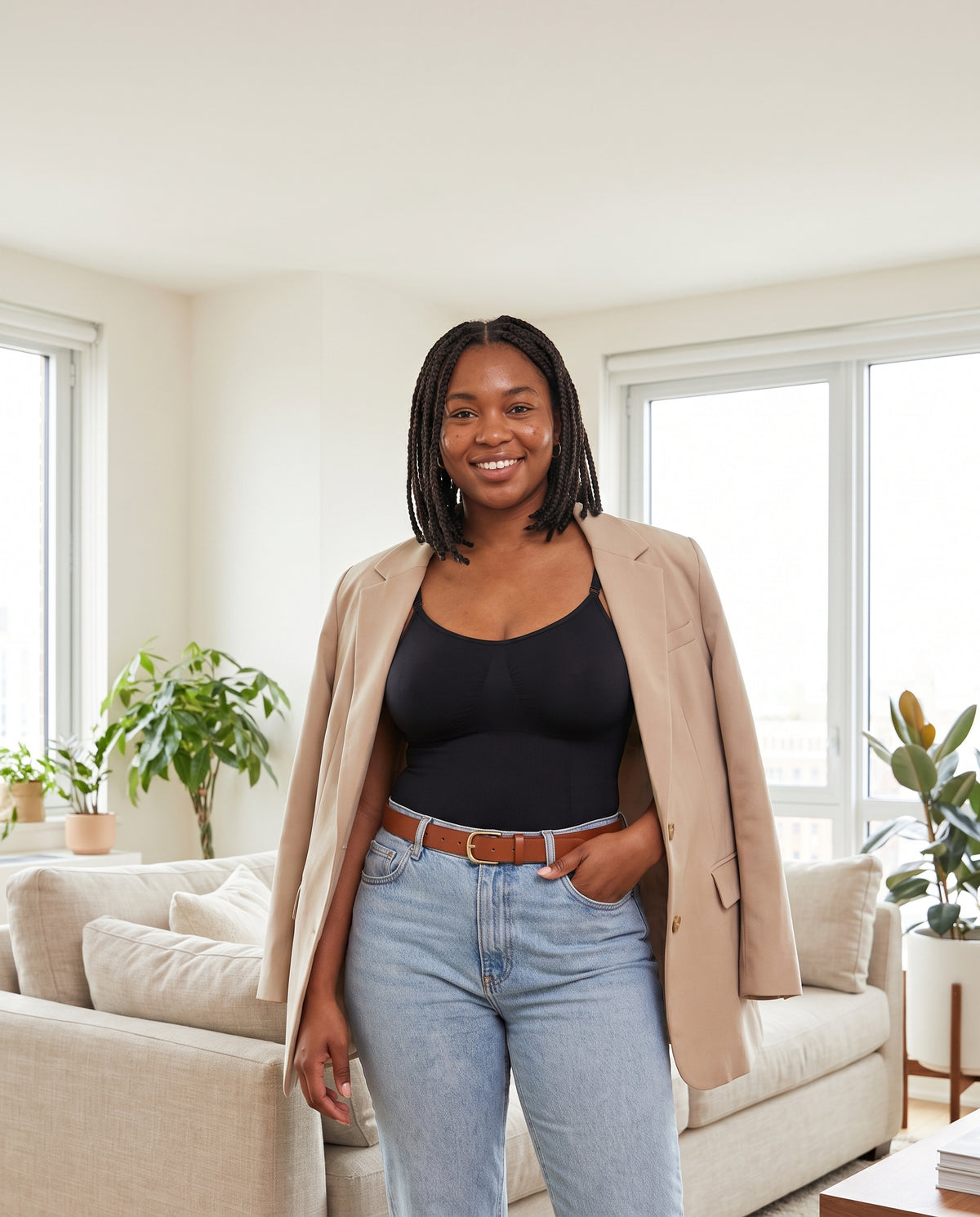 VELORA™ Sculpt Bodysuit in Black, styled under jeans and a blazer